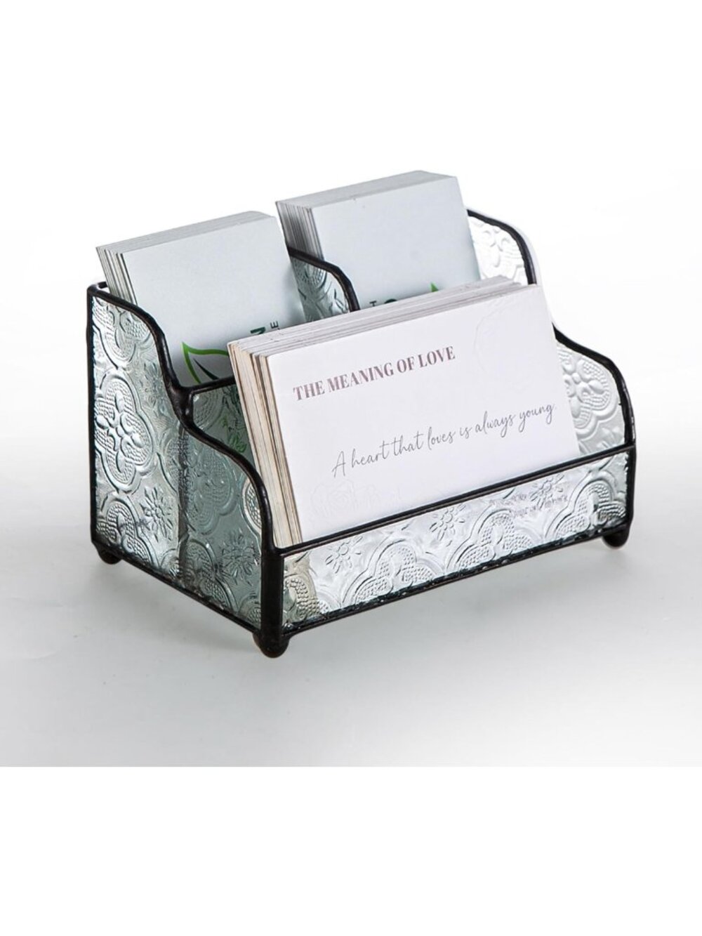 Vintage Embossed Glass Business Card Holder - 3 Slot Metal Display Stand for